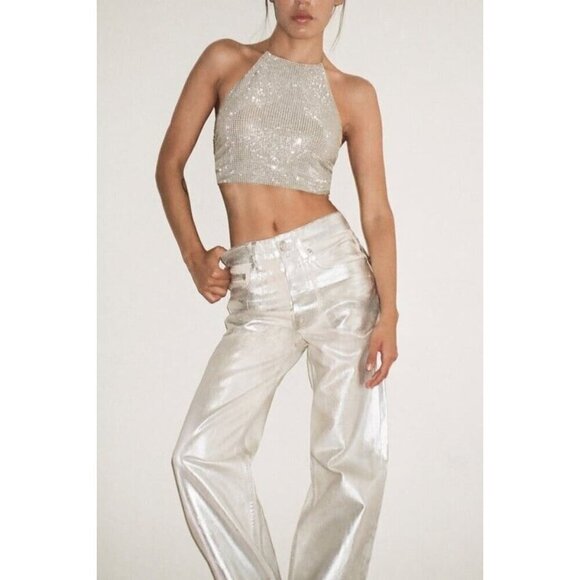 NWT Zara silver foil relaxed fit straight leg mid waist jeans, 4 - Picture 2 of 13